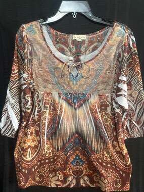 Live and Let Live Woman Paisley Print Beaded Boho Blouse 1X